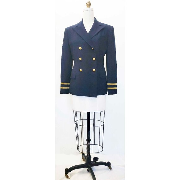 Ralph Lauren Womens Navy Blue Double Breasted Wool Blazer Military Gold Buttons - Picture 6 of 10